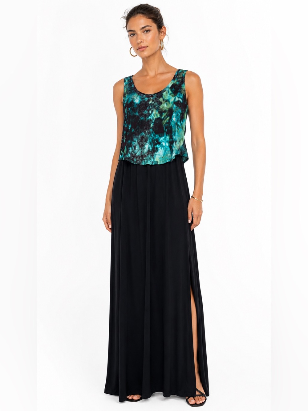 Karen Kane Black Tie Dye Popover Tank Top Stretchy Knit Side Slit Maxi Dress